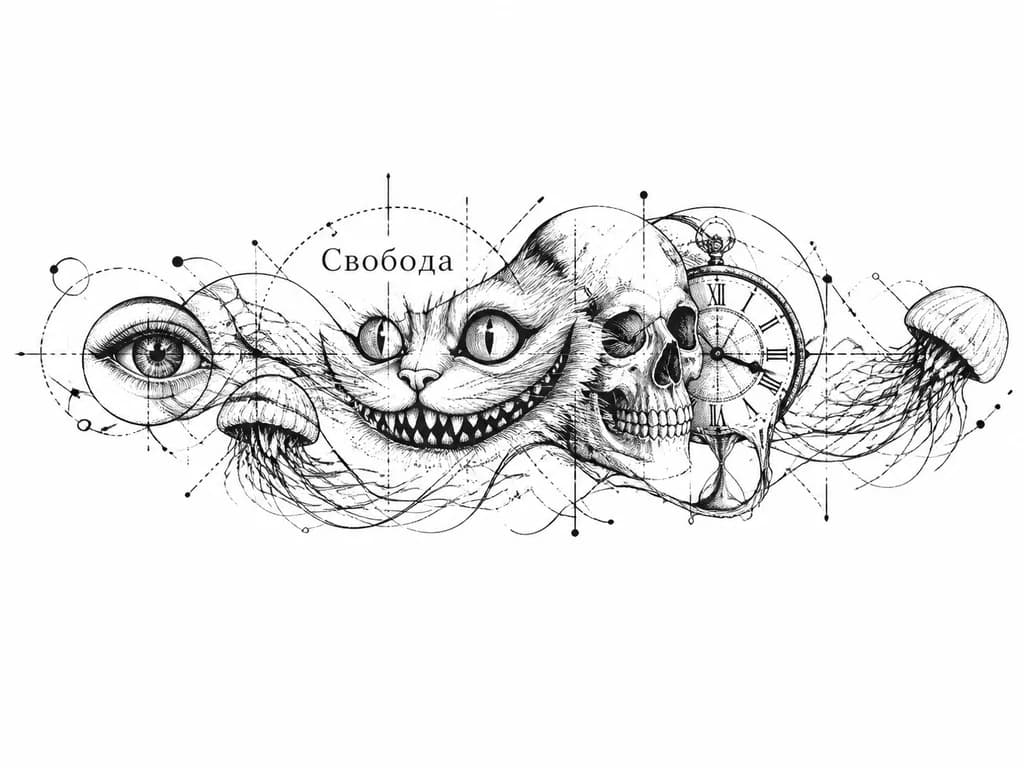 Тату эскиз: Дофаминовая татуировка, тонкие линии, объединены Чеширский кот, глаз, череп, время, медуза. Есть отдельные точки и линии. Должно выглядеть гармонично, крипово.
Одно изображение перетекает в другое 