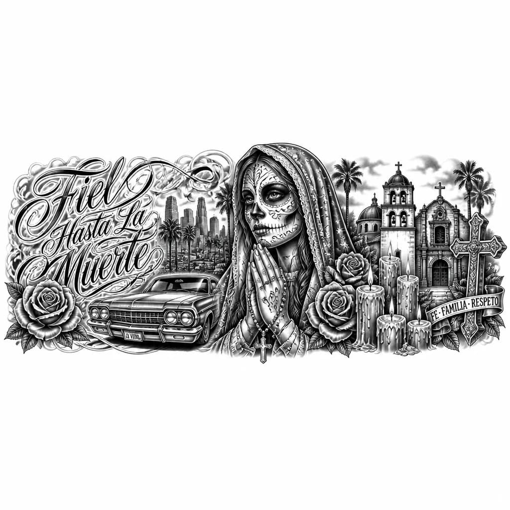 Тату эскиз: Santa muertos на предплечье которую можно продолжать и развивать дальше. Она должна быть чб и занимать всю внутреннюю часть предплечья (от локтя до кисти)