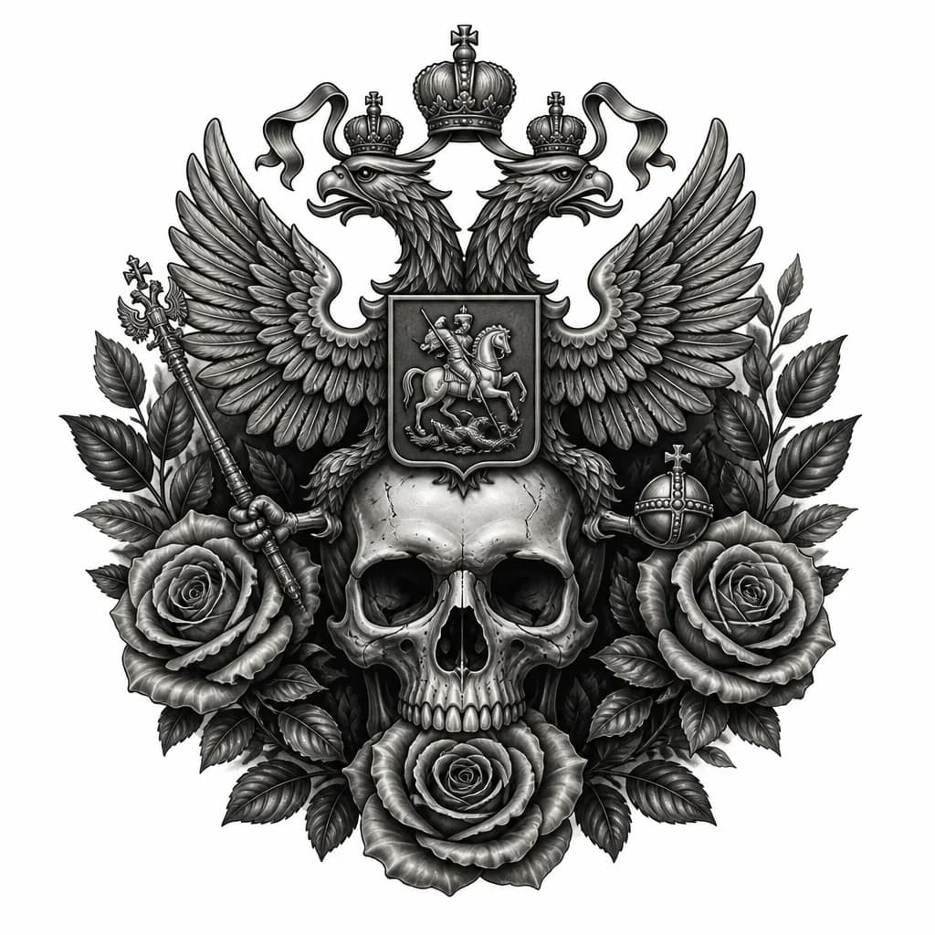 Тату эскиз: Герб России , череп , розы , 