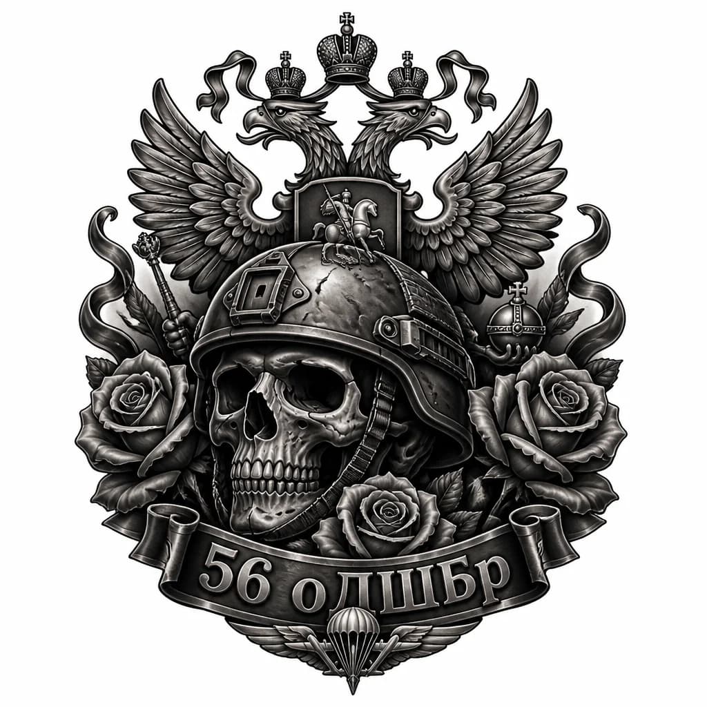 Тату эскиз: Герб России , череп в каске, розы , тени , 