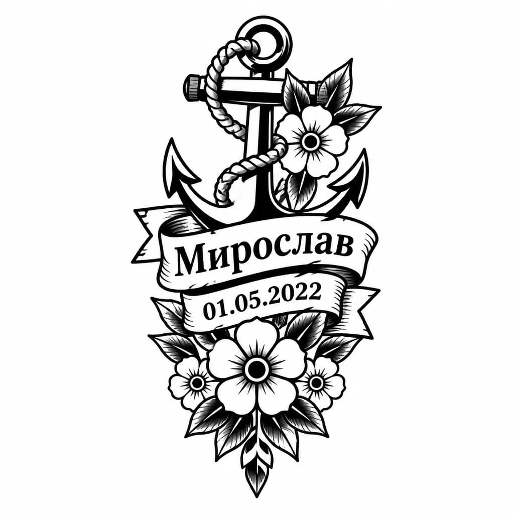 Тату эскиз: Имя Мирослав и цветы 