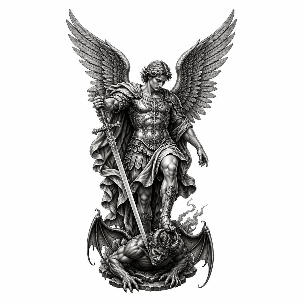 Тату эскиз: Архангел Михаил с мечом реализм на спине