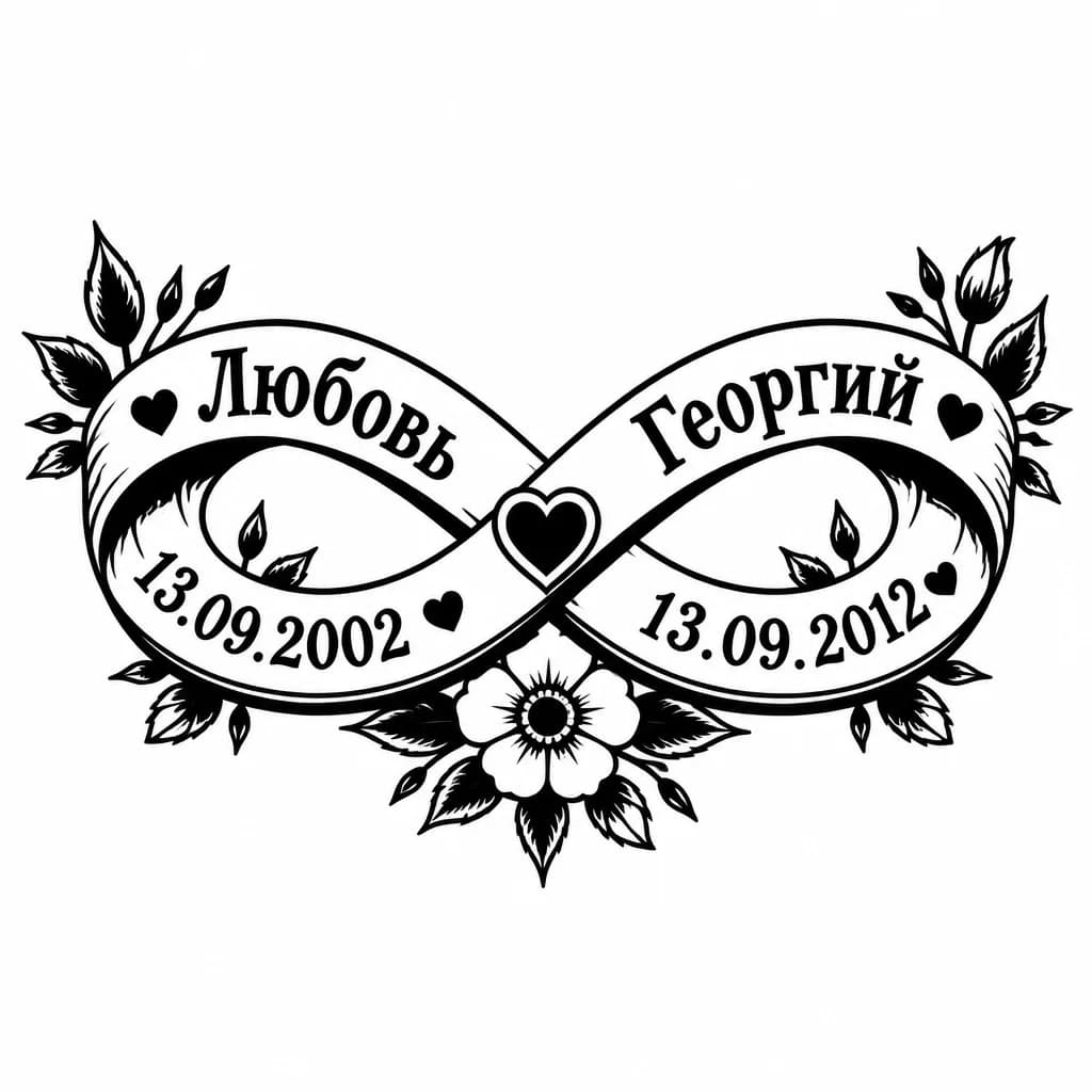 Тату эскиз: Тату объёмное в виде бесконечности с именами детей Любовь 13.09.2002 и Георгий 13.09.2012 с цветами и сердечками