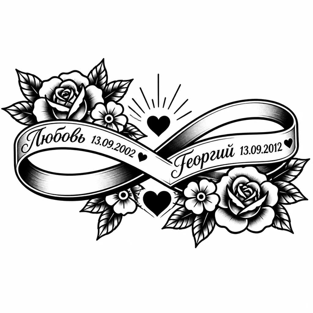 Тату эскиз: Тату объёмное в виде бесконечности с именами детей Любовь 13.09.2002 и Георгий 13.09.2012 с цветами и сердечками