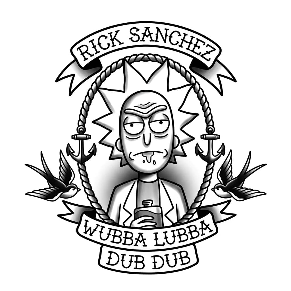Тату эскиз: тату в традиционном стиле, нарисован Рик из мультфильма "Rick and Morty"