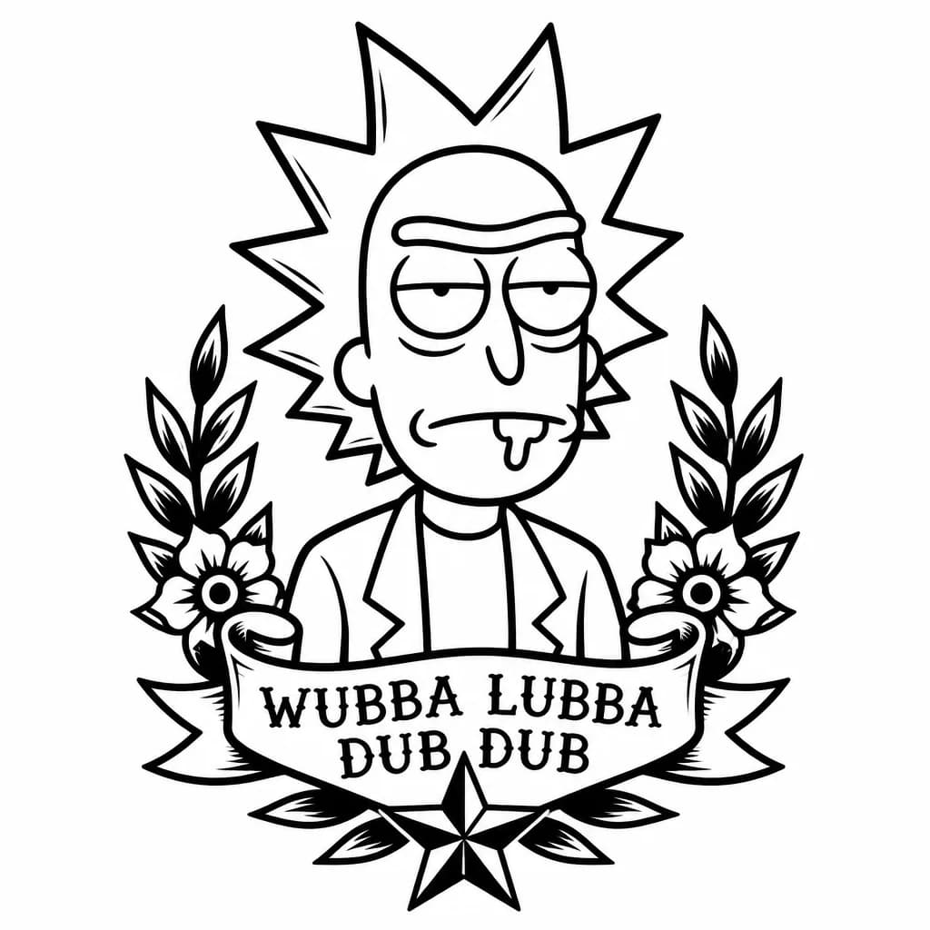 Тату эскиз: тату в традиционном стиле, нарисован Рик из мультфильма "Rick and Morty"