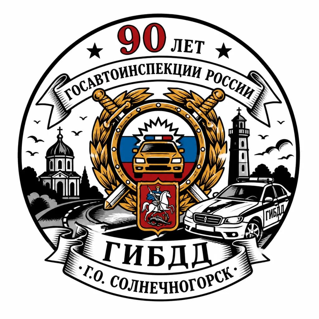 Тату эскиз: Создай эскиз круглой формы с цветным изображением герба Госавтоинспекции Московской области и надписью 90 лет Госавтоинспекции России ГИБДД г.о. Солнечногорск