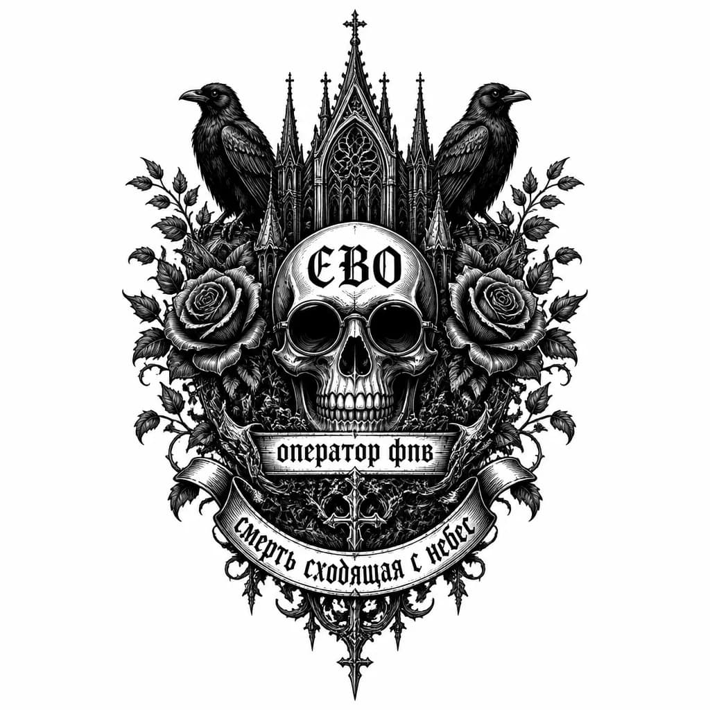Тату эскиз: Череп в очках фпв сверзу надпись СВО по середине надпись оператор фпв снизу надпись смерть сходящая с небес 