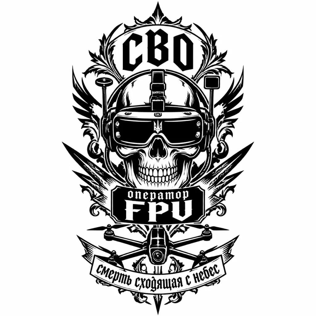 Тату эскиз: Череп в очках FPV сверзу надпись СВО по середине надпись оператор FPV снизу надпись смерть сходящая с небес 