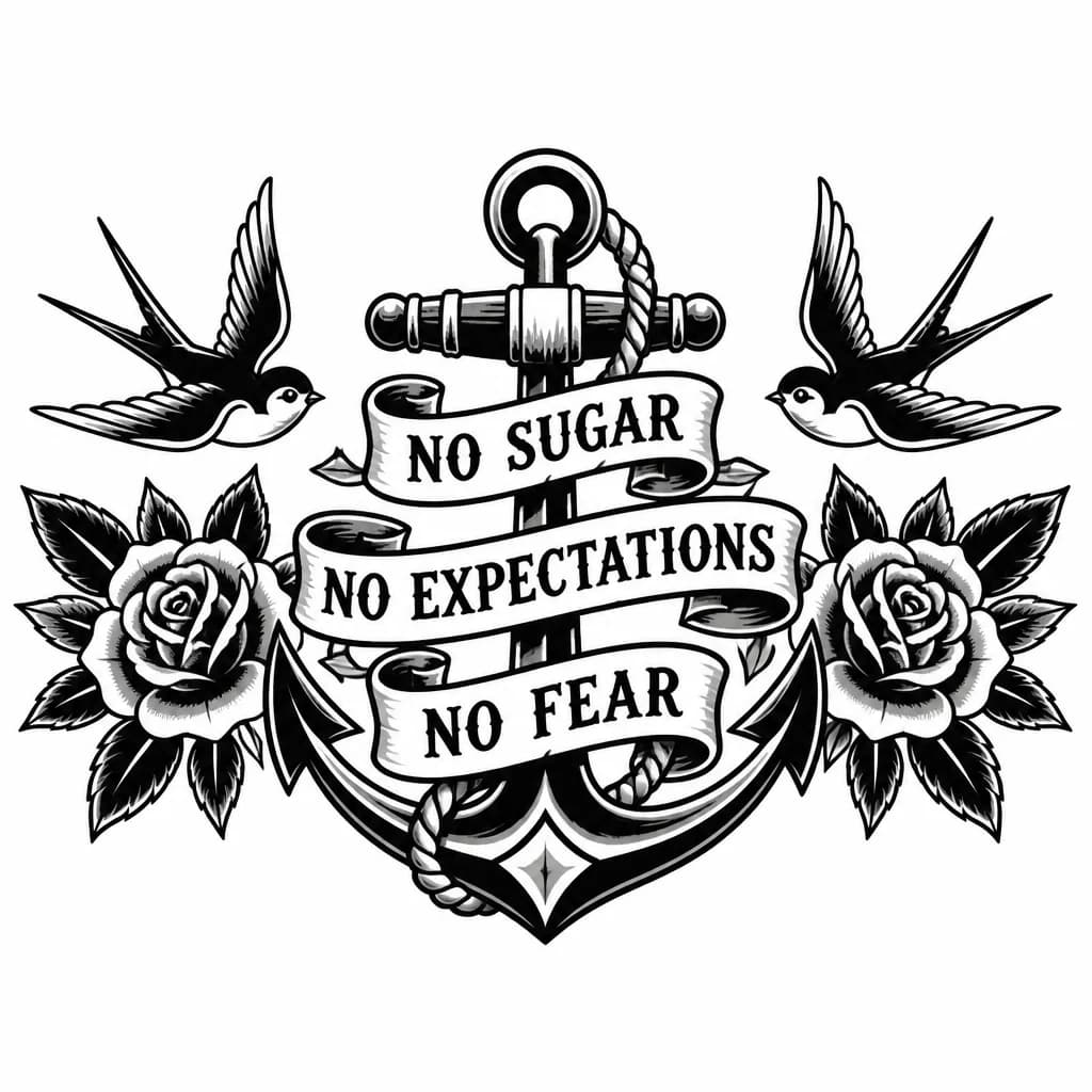 Тату эскиз: Надпись:
NO SUGAR
NO EXPECTATIONS
NO FEAR
