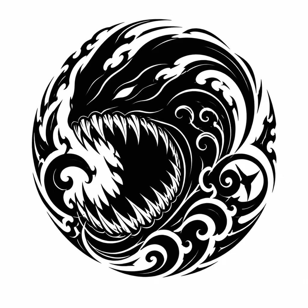 Тату эскиз: Хочу плавыне линии по плеу , как будто пожирает void , но что бы эти плавные линии иногда давали резкозть
