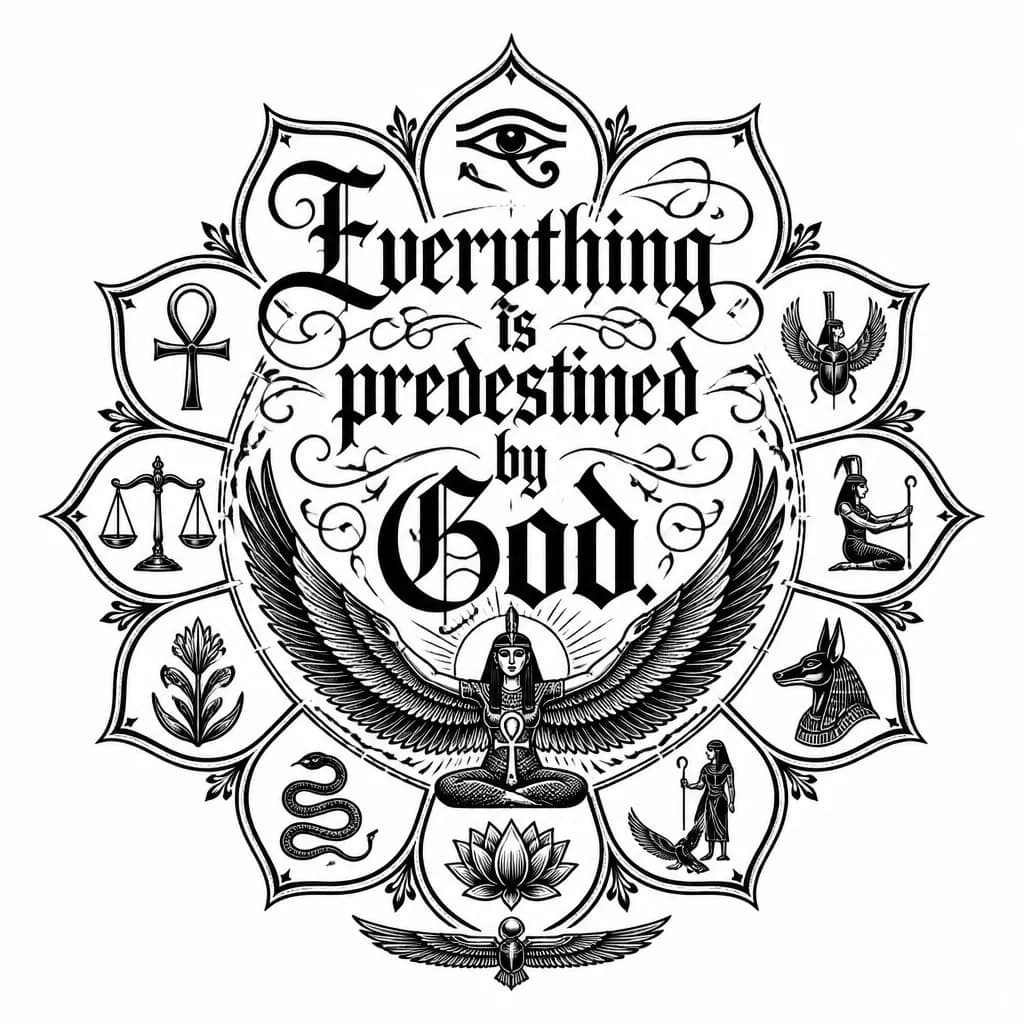 Тату эскиз: надпить Everything is predestined by God. цифра 11 лепестки символы египетские перехода человека в защиту от злых духов на века и удачу на всю его жизнь которой он живёт и будет жить душой в другом мире