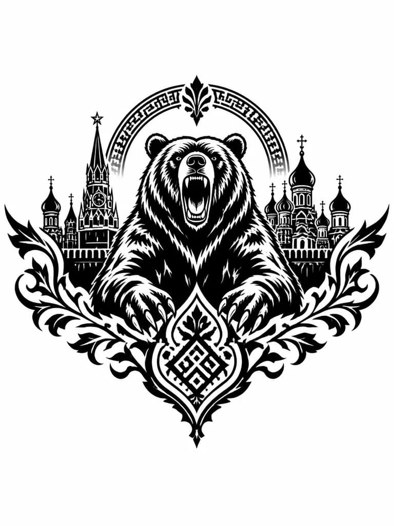 Тату эскиз: Русский Медведь на фоне старинных зданий, как символ борьбы за счастливую жизнь