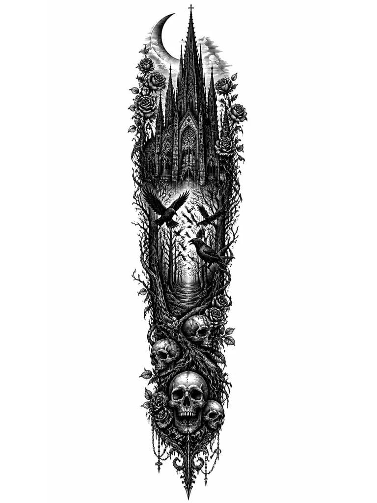 Тату эскиз: Full leg tattoo sleeve sketch, engraving woodblock style. Top (thigh): gothic cathedral tower with a crescent moon. Middle (knee): dark mystic forest with flying crows. Bottom (shin): twisted old tree roots tangled with human skulls. Bold black linework, cross-hatching shade, strong contrasts, stark white background --ar 1:2