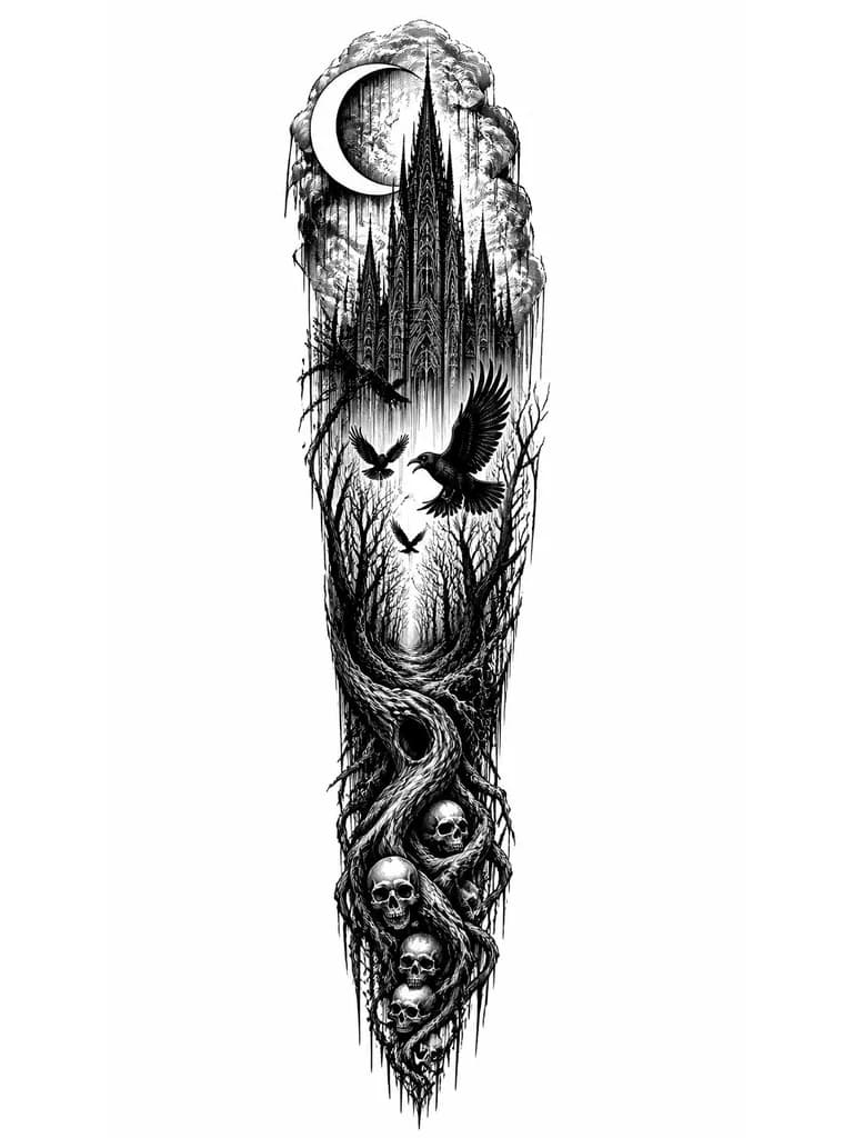 Тату эскиз: Full leg tattoo sleeve sketch, engraving woodblock style. Top (thigh): gothic cathedral tower with a crescent moon. Middle (knee): dark mystic forest with flying crows. Bottom (shin): twisted old tree roots tangled with human skulls. Bold black linework, cross-hatching shade, strong contrasts, stark white background --ar 1:2