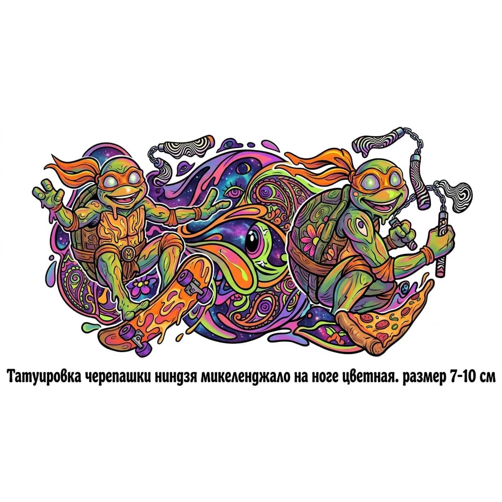 Тату эскиз: Татуировка черепашки ниндзя микеленджало на ноге цветная. размер 7-10 см в психоделическом странном стиле. Сам мики также должен быть в странном  стиле 