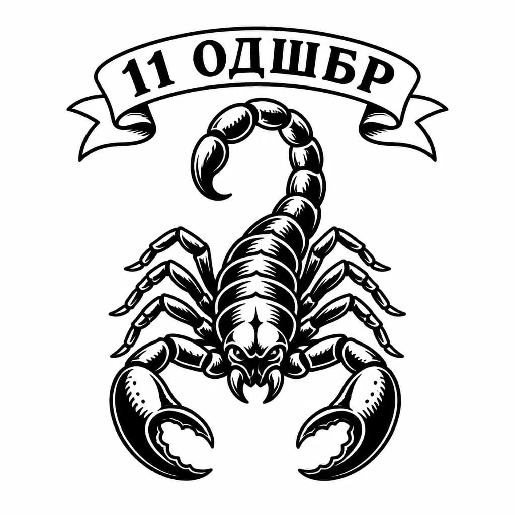 Тату эскиз: Скорпион на груди с открытыми клешнями и поднятым жалом вверх 
Надпись 11 ОДШБР 