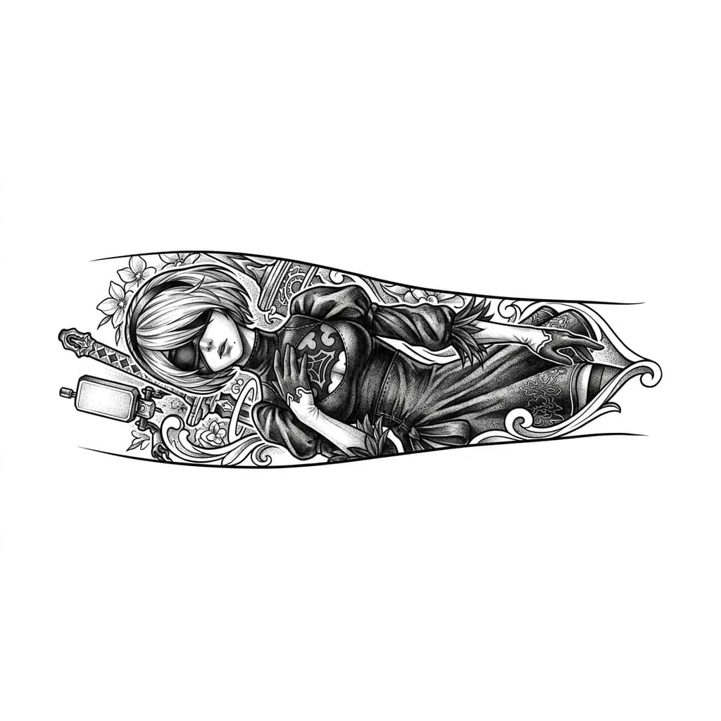 Тату эскиз: Персонаж 2b в сексуальном наряде не в полный рост

