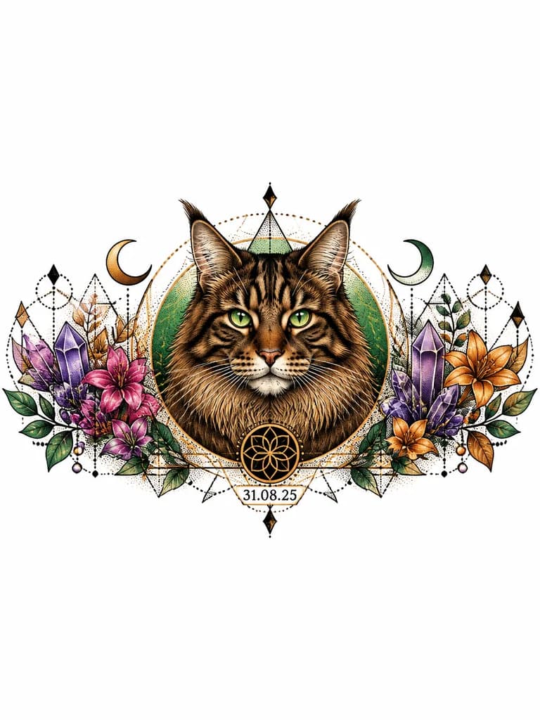 Тату эскиз: Коричневая кошка мейн кун с зелеными глазами 