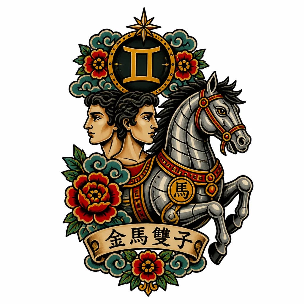 Тату эскиз: Знак зодиака близнец , по восточному календарю металлическая лошадь , в стиле Китай , на шею правую сторону 
