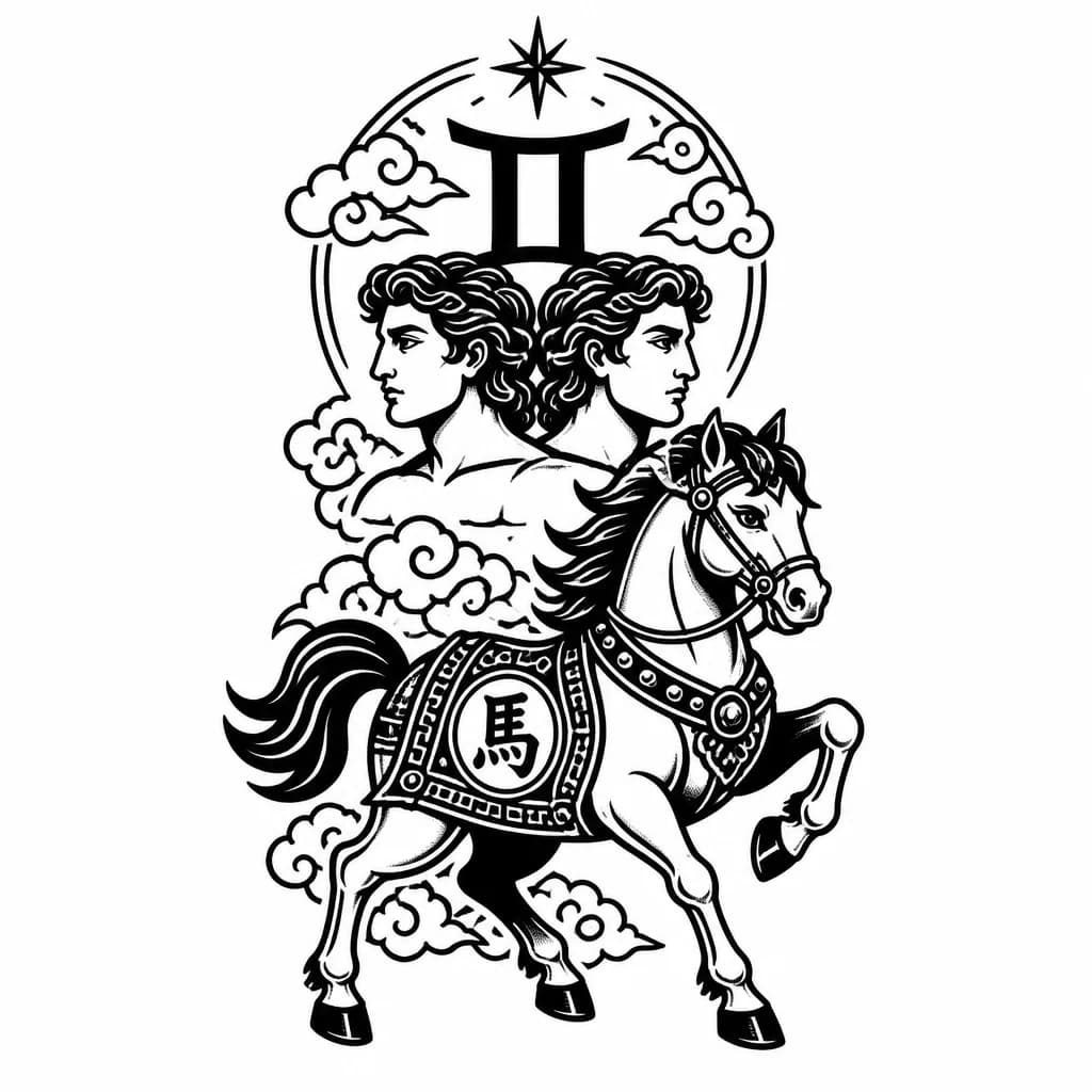 Тату эскиз: Знак зодиака близнец , по восточному календарю металлическая лошадь , в стиле Китай , на шею правую сторону 