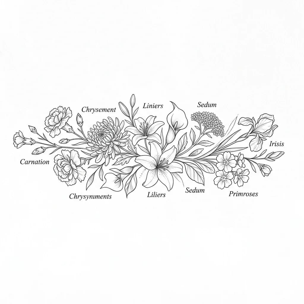 Тату эскиз: A black-and-white tattoo, featuring a floral composition that includes carnations, chrysanthemums, lilies, calla lilies, sedum, irises, and primroses.