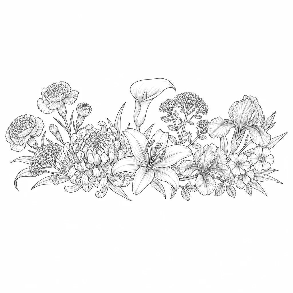 Тату эскиз: featuring a floral composition that includes carnations, chrysanthemums, lilies, calla lilies, sedum, irises, and primroses.