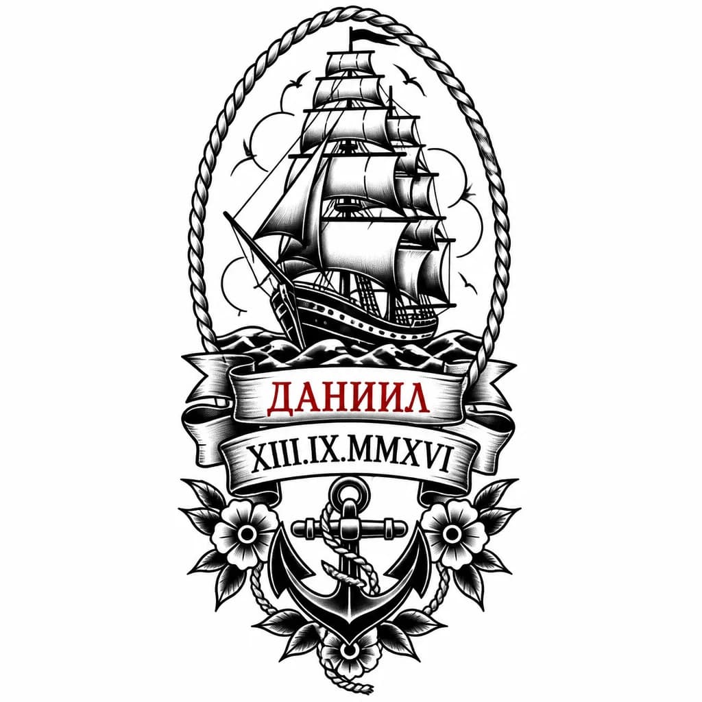 Тату эскиз: XIII.IX.MMXVI Черный римские буквы. Поверх римских цифр красными буквами Даниил по Английски на бедре 