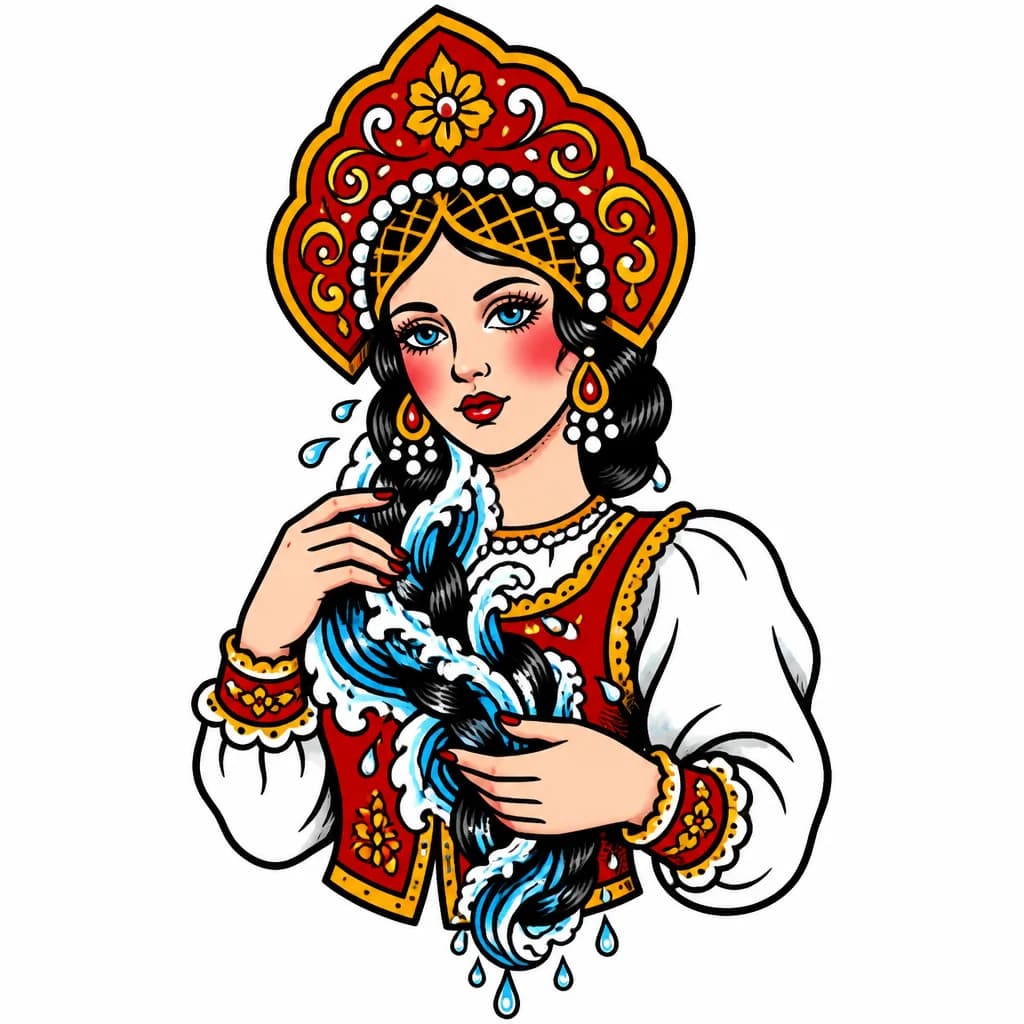Тату эскиз: Русская женщина с кокошником с кровавой косой в руках