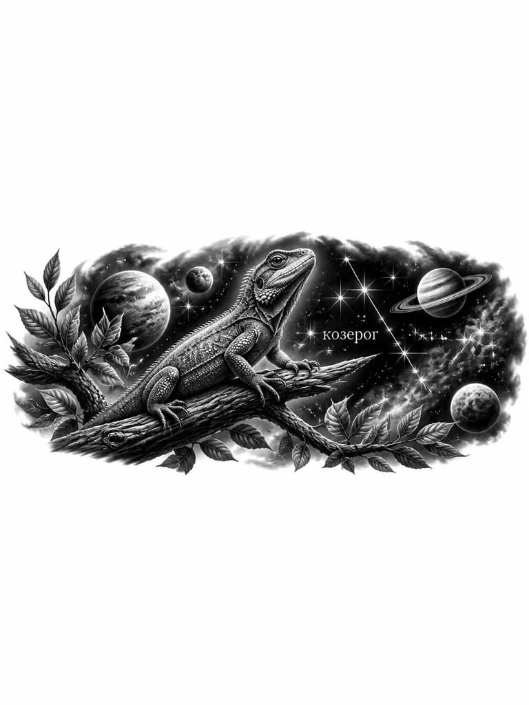 Тату эскиз: Татуировка. Чёрно белая на белом фоне. Ящерица ползет вверх по ветке с листьями. Тема космоса, видны планеты, звёзды, в далеке созвездие козерога.