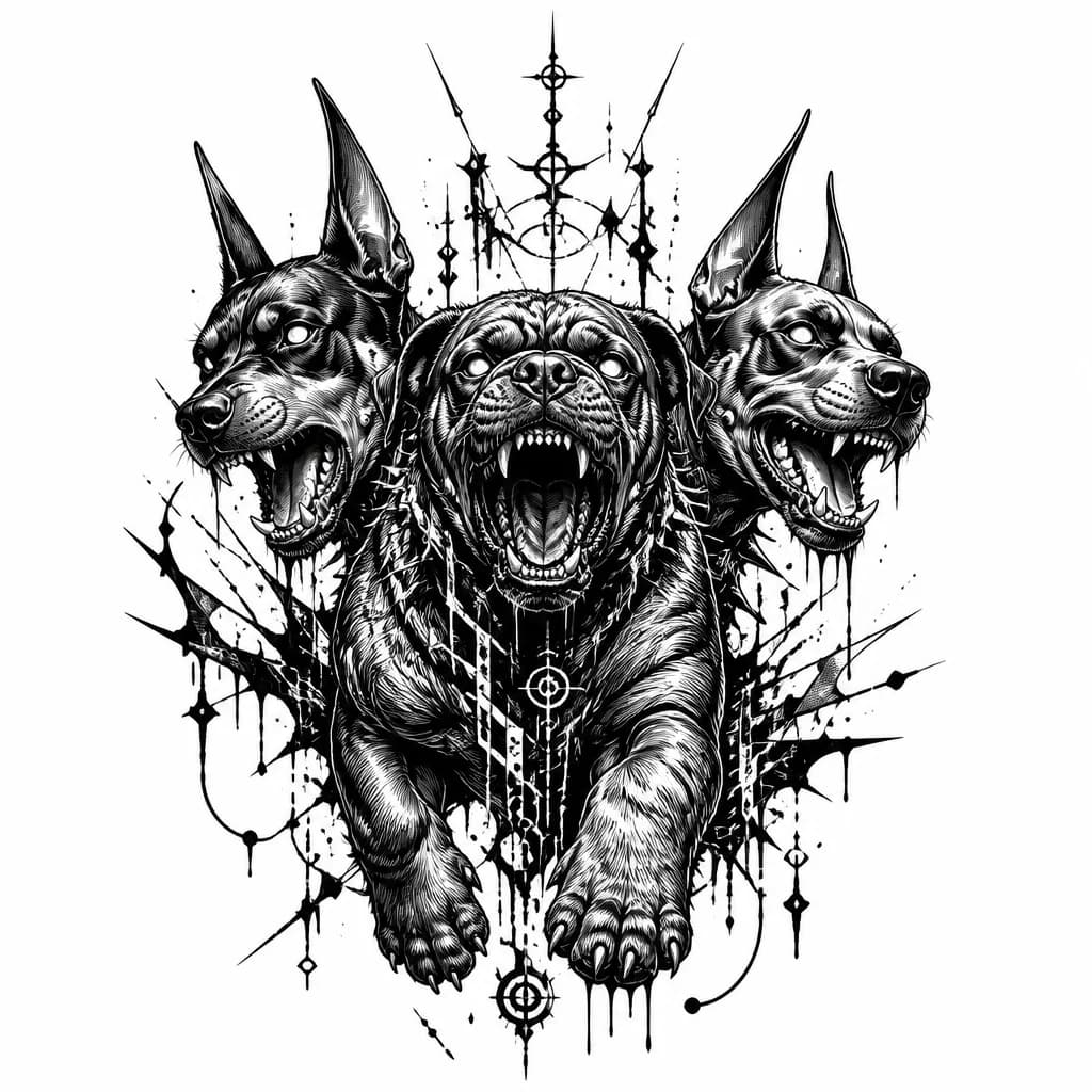 Тату эскиз: Промт:
Blackwork illustrative tattoo, three-headed Cerberus puppy, semi-profile running, aggressive snarling Doberman, Mastiff with massive jaws, Great Dane with sharp teeth, hyper-detailed fur textures, heavy black ink shading, saliva dripping like liquid tar, saliva turns into chaotic black ink splashes, cracks, geometric shards and dripping paint trails, no color, only black and skin negative space, intricate linework, cross-hatching, high contrast, dark horror aesthetic but with cute puppy p
