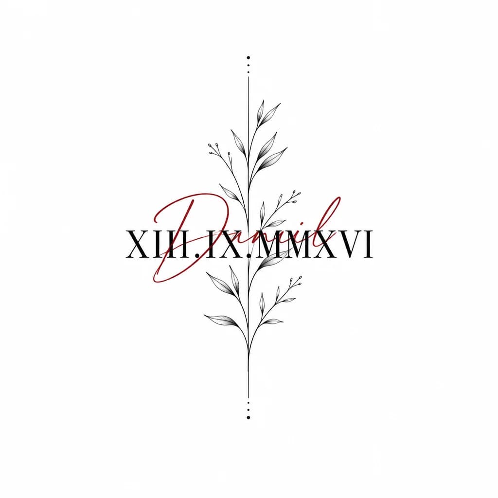 Тату эскиз: XIII.IX.MMXVI Черный римские буквы. Поверх римских цифр красными буквами Daniil имя должно перекрывать цифры римские буквы