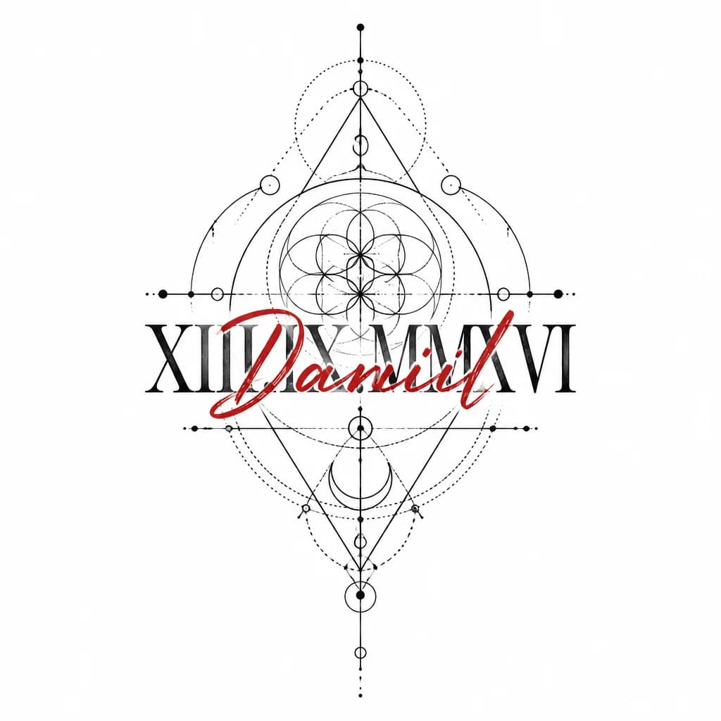 Тату эскиз: XIII.IX.MMXVI Черный римские буквы. Поверх римских цифр красными буквами Daniil имя должно перекрывать цифры римские буквы