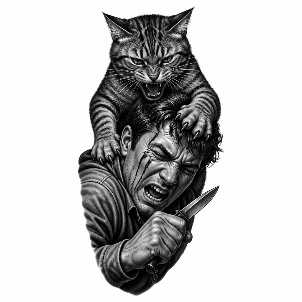 Тату эскиз: Кот режет ножом человека