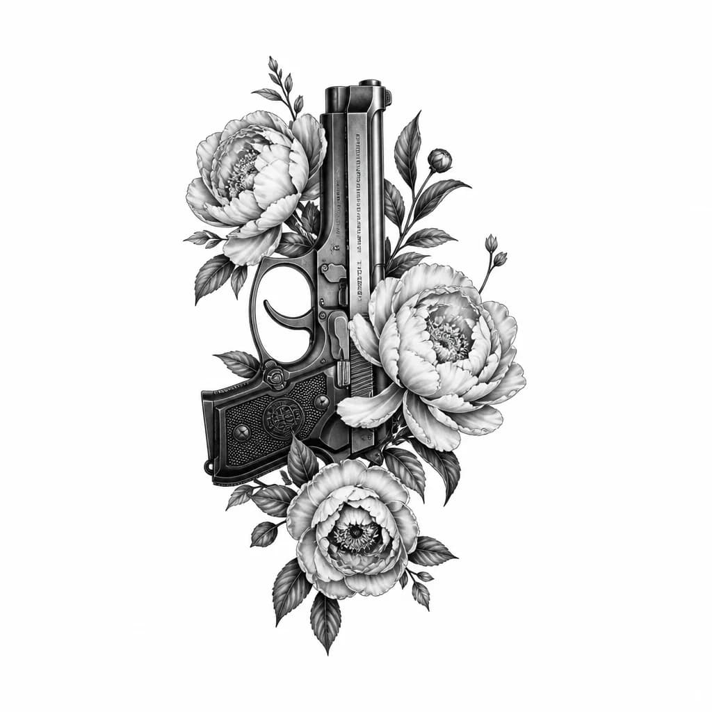 Тату эскиз: Помоги нарисовать эскиз , где будет пистолет с красивыми цветами , пионами 