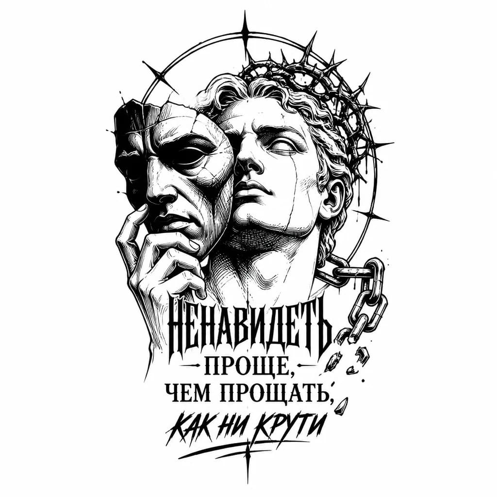 Тату эскиз: Нужен эскиз под строчку из песни: ненавидеть проще чем прощать, как ни крути. Из песни noiz mc 
