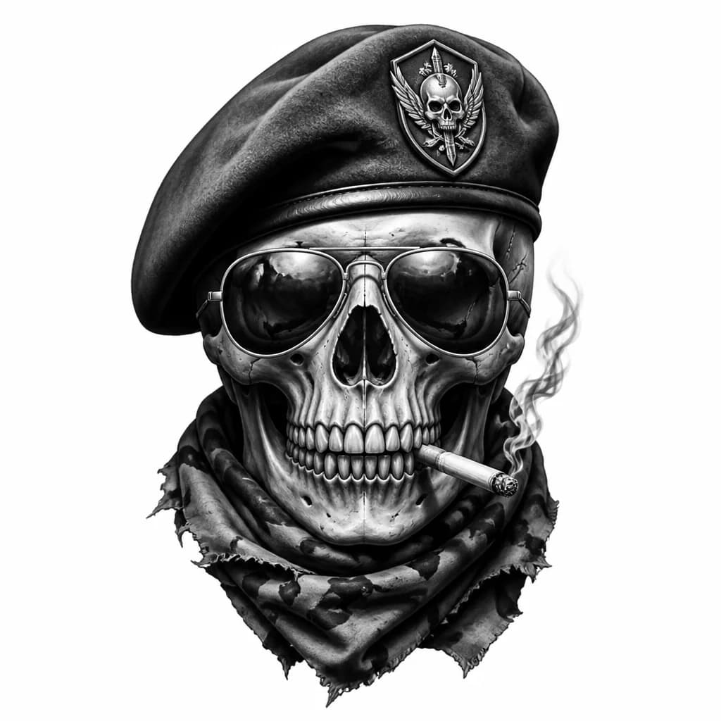 Тату эскиз: Череп в военном берете, в очках и сигаретой