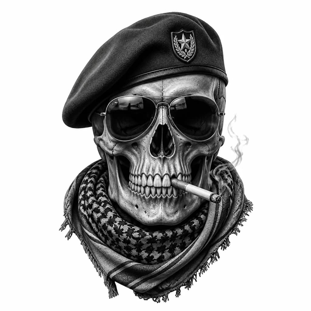 Тату эскиз: Череп в военном берете, в очках и сигаретой