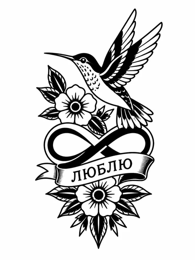 Тату эскиз: Птица колибри,знак бесконечности бесконечности и надпись люблю