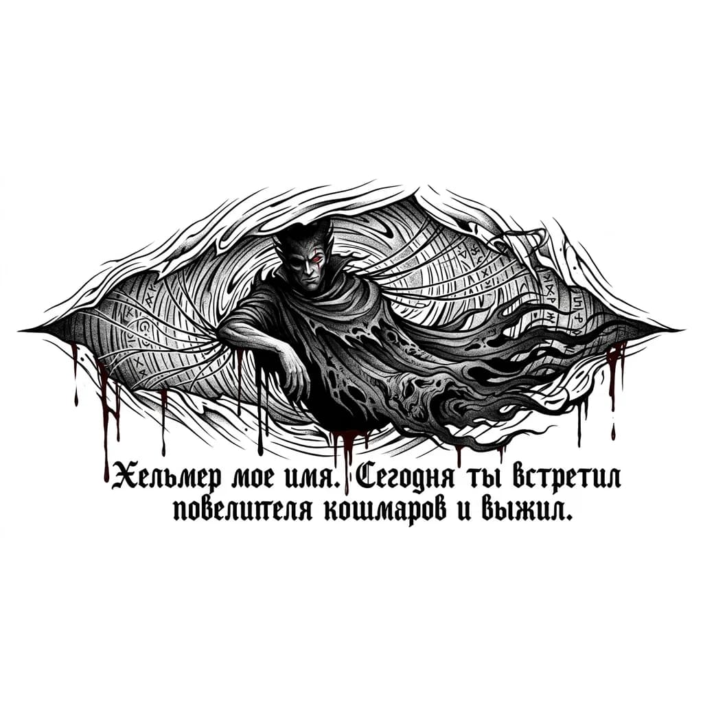 Тату эскиз: Хельмер выходит из тёмного разреза в самой ткани мира. Пространство вокруг него искажается, будто реальность не выдерживает его присутствия. Плащ тянется за ним, как живая тьма. Его поза спокойна, почти небрежна, но в этом спокойствии — угроза. Из разреза вырываются тонкие нити мрака, сплетающиеся в узоры, напоминающие древние руны. Алый глаз смотрит прямо на зрителя, проникая в самые скрытые уголки души.