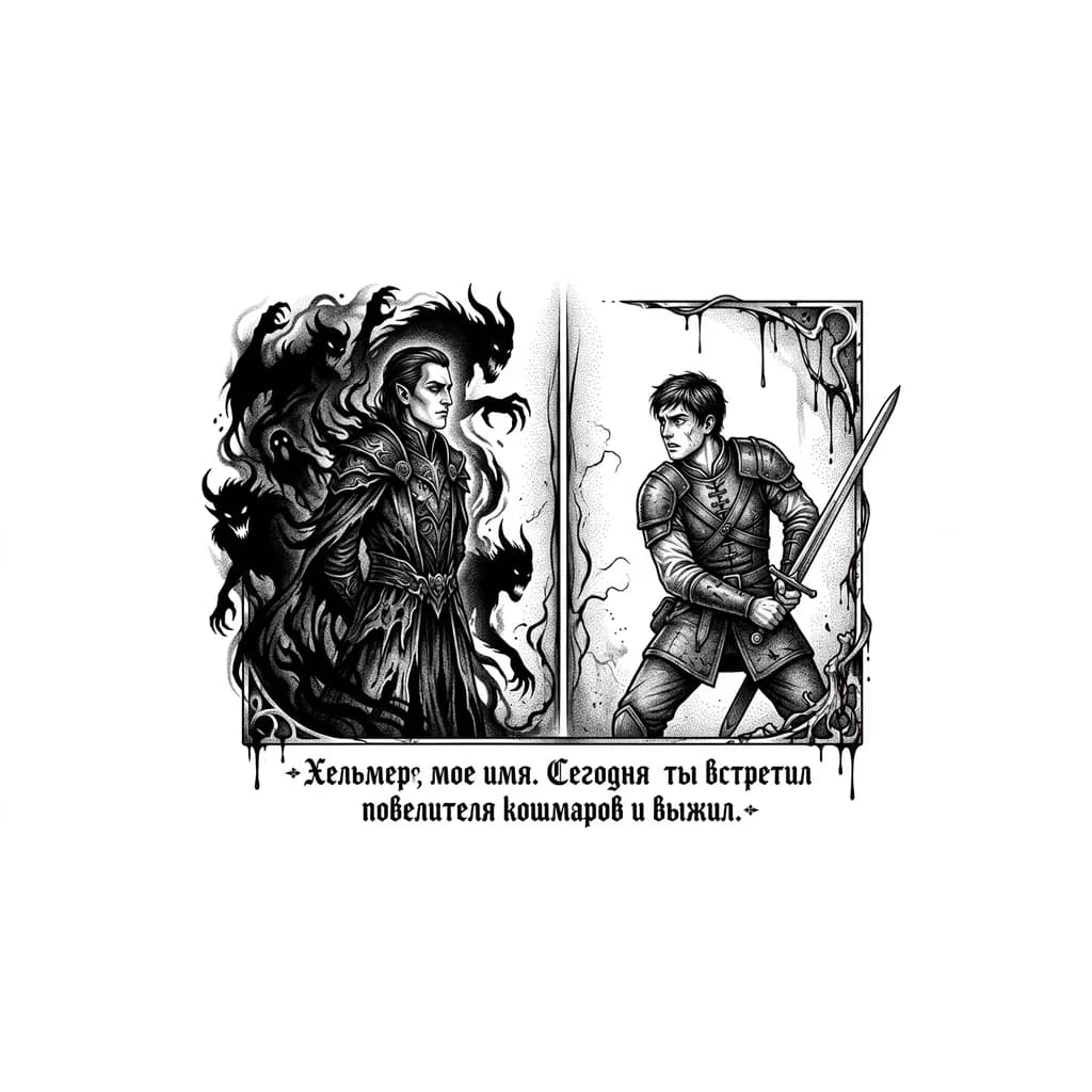 Тату эскиз: На границе света и тьмы стоит Хельмер — спокойный, почти равнодушный, будто сама ночь склонилась перед ним. Рядом, напряжённый и готовый к бою, замер Хаджар: его поза выражает смесь решимости и тревоги. Между ними — тонкая грань, где воздух дрожит от чужой силы. Вокруг Хельмера клубится тьма, из которой проступают силуэты кошмаров. Взгляд демона прикован к Хаджару, и в этом взгляде — не только угроза, но и странное любопытство: будто он увидел в юном воине нечто, чего не встречал прежде.