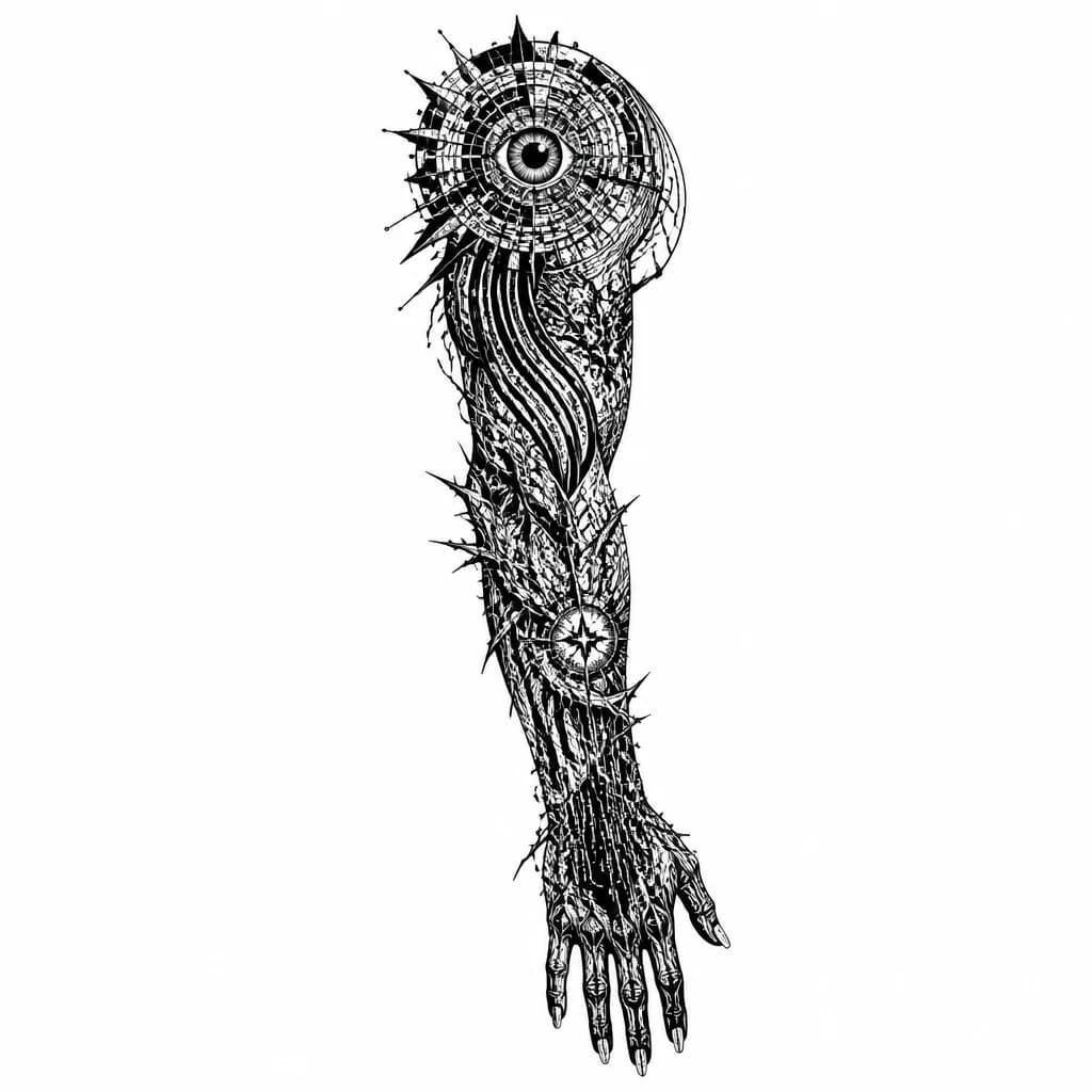 Тату эскиз: Full sleeve tattoo design from shoulder to fingertips on a male arm, abstract blackwork + cyber sigilism. Aggressive techno-noir aesthetic, asymmetrical flow, chaotic sharp angular geometry, fractured lines, dense black shading with negative space breaks, intricate fractal structures, engraving-style hatching, high contrast.
Shoulder: large fractured geometric node resembling a broken gear fused with a fractal eye, from which 3–4 thick curved bands descend and split into jagged branches.
Upper 