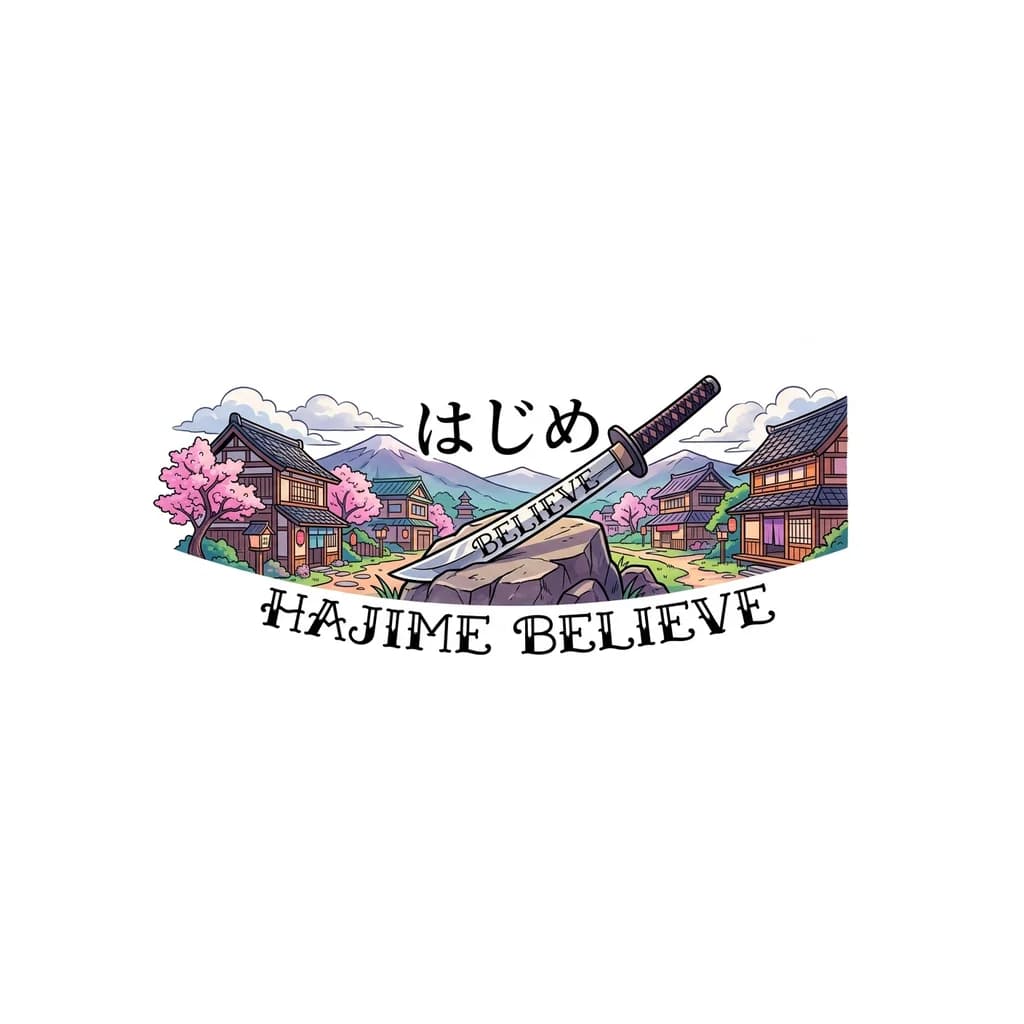 Тату эскиз: Катана воткнутая в камень на катание на лезвии написана надпись Believe по середине надпись Hajime и сзади фон из японской деревне цвтеной