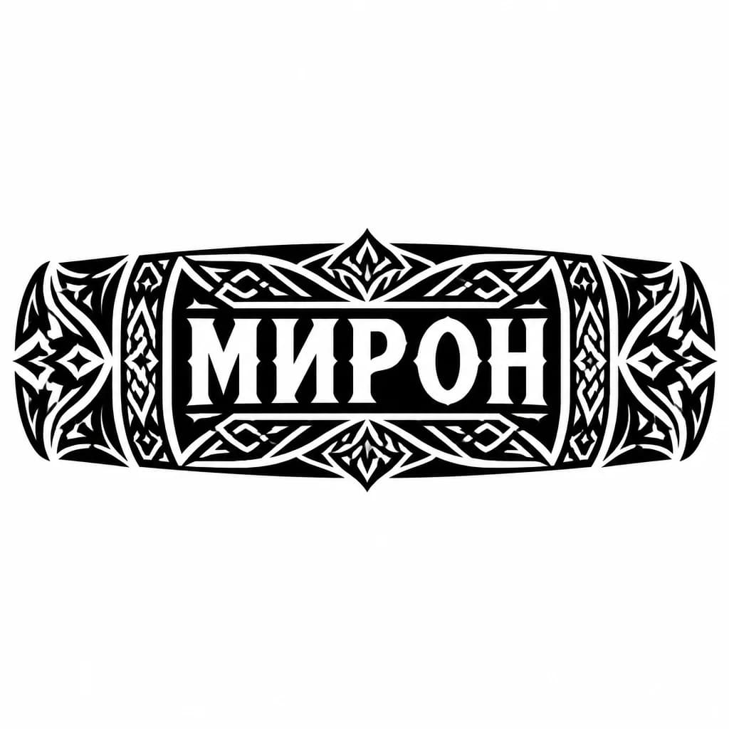 Тату эскиз: Создай тату на предплечье с именем Мирон, на черном фоне пустые буквы