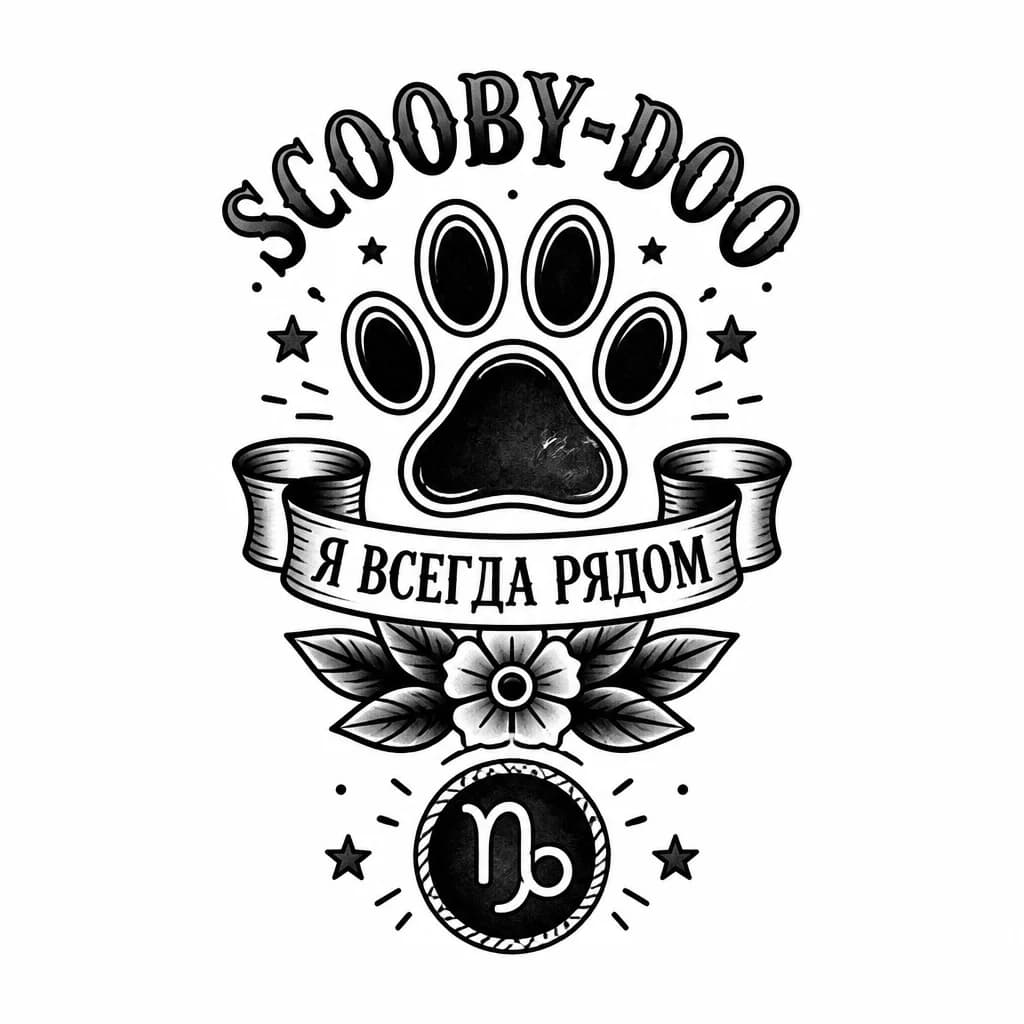 Тату эскиз: Тату на руку 
Лапа Скуби ду 
Вокруг  лапы название Scooby-Doo 
Потом надпись "я всегда рядом"
И символ знак зодиака козерог