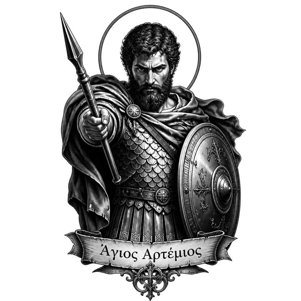 Тату эскиз: Лик святого Артемия Антиохийского более воинственный и сердитый, 