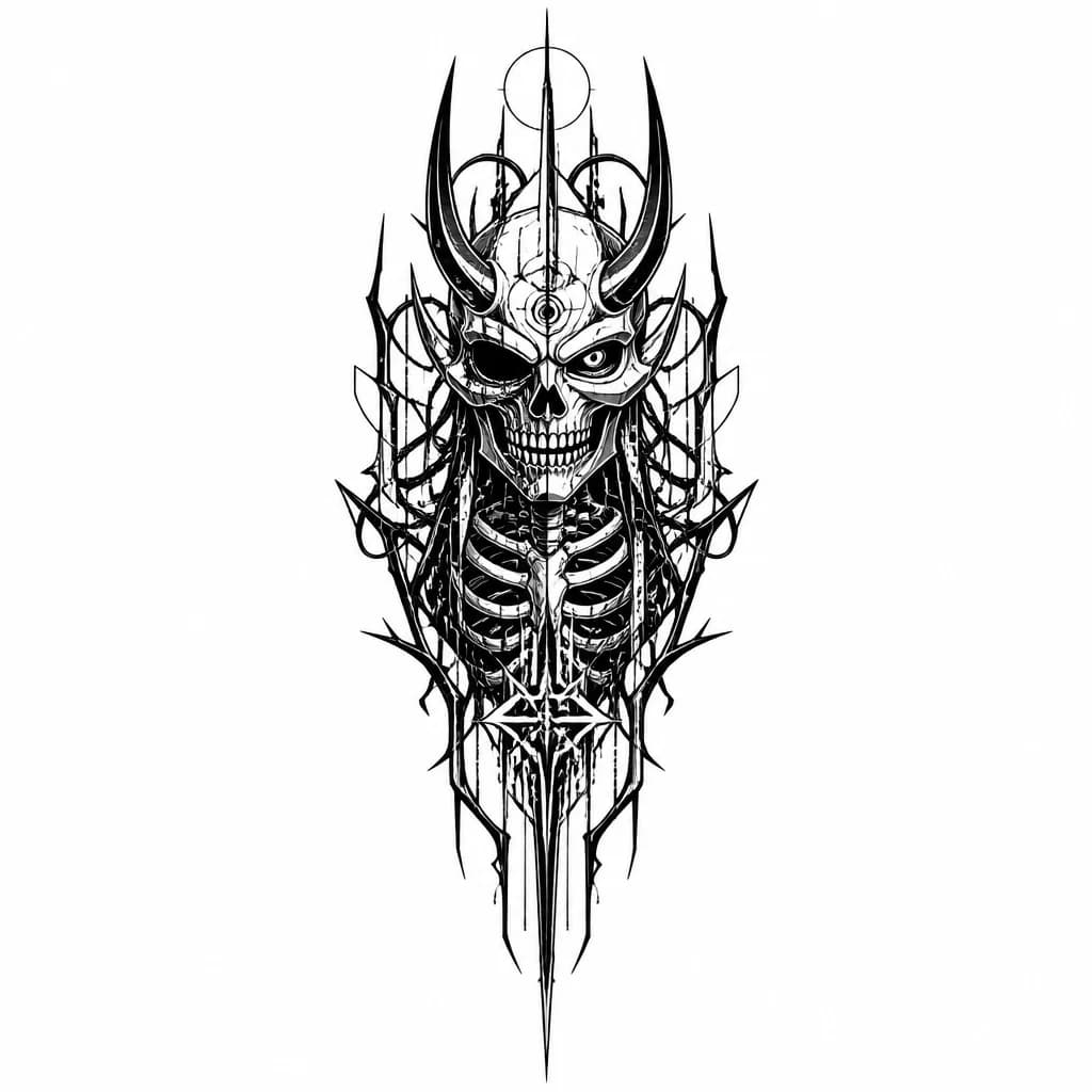Тату эскиз: скелет в японской маске oni