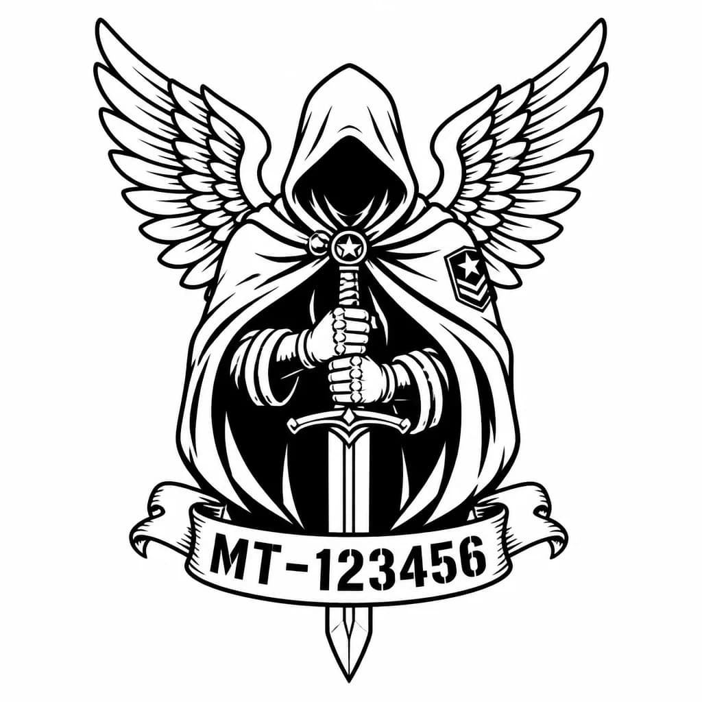 Тату эскиз: сделай тату на военную тематику, в военном стиле, с крыльями ангела в плаще и мечом, в черно белом цвете с надписью МТ-123456
