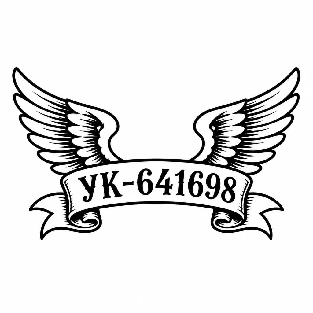 Тату эскиз: Сделай минималистичное тату, с номером УК-641698. Добавь крылья ангела 