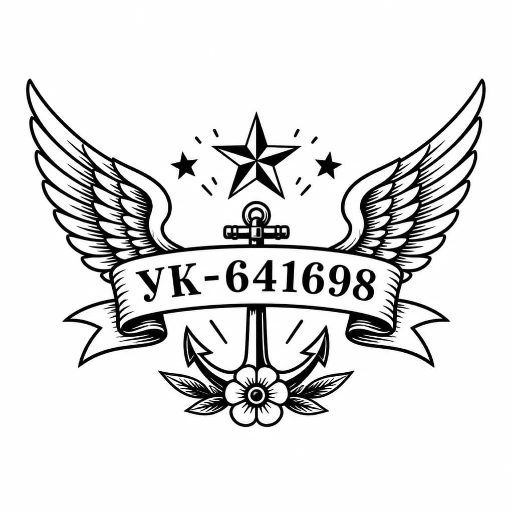 Тату эскиз: Сделай минималистичное тату, с номером УК-641698. Добавь крылья ангела и небольшие рисунки